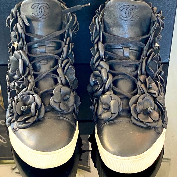 Chanel Black CC Camellia Leather High Top Sneakers
